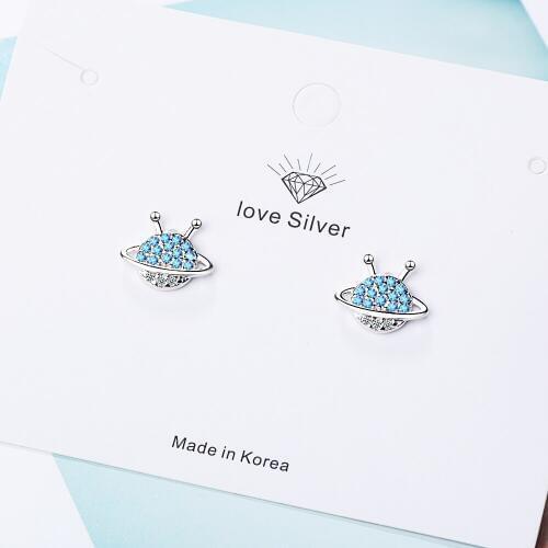 925 Sterling Silver Delicate Universe Planet Stud Earrings With Blue Zircon For Women Party Anniversary Gift S-E908