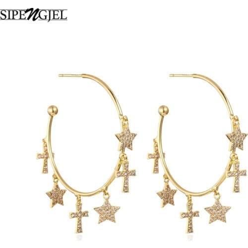 SIPENGJEL Fashion Cubic Zircon Star Cross unusual Earrings Large Circle Drop Earrings For Women Wedding Jewelry