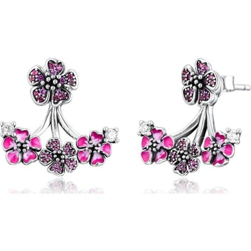 Peach Blossom Flowers Earrings for Women Mixed Pink Color 925 Sterling Silver Earrings Jewelry Push Back Female Earrings Gifts