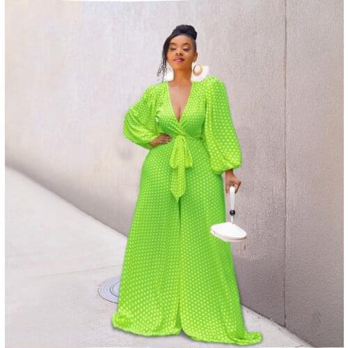 Women Rompers Polka Dot Print Loose Wide Leg Pants Elegant Work Jumpsuit Fall 2021 Sexy V Neck Long Sleeve One Piece Outfits