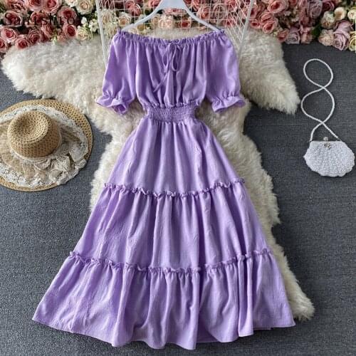 2021 Summer Women Slash Neck High Waist A Line Dress Tie Bow Large Hem Long Dress Female Puff Sleeve Seaside Holiday Vestidos