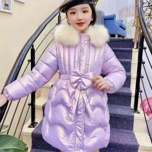 Winter Padded Jacket For Girls ChildrenS Outerwear Coat Casual Hooded Big Fur Collar Bow Solid Warm Princess Parkas 2021 New