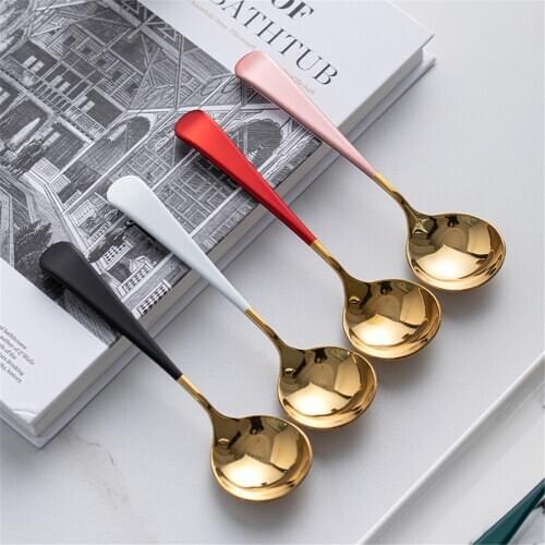 304 Stainless Steel Coffee Spoon Dinnerware Set Soup Snacks Fruit Dessert Spoons Kitchen Tool Teaspoon Golden Round Spoon 1PCS