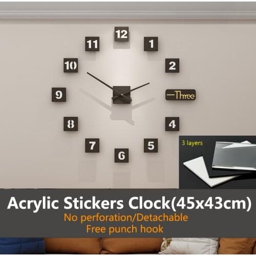 3D Mirror Wall Clock Stickers Modern Design Creative DIY Acrylic Stickers Clock Large Home Decor Hanging Wall Watch 45x43 cm