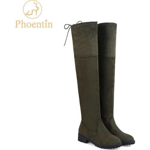 Phoentin thigh high boots flat with heel round toe over-the-knee lace-up women boot army green zipper hot sale 2017 winter FT142