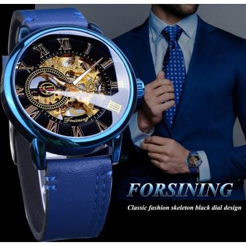 Forsining Men Mechanical Transparent Blue Watch Ultra Thin Analog Hand Wind Genuine Leather Strap Sport Casual Male Reloj Hombre