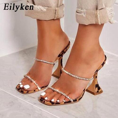 Eilyken 2021 New Summer Women Slippers Fashion Slippers Open Toe Crystal High Heels Shoes Spike Heels Leopard Sandals 9CM Pumps