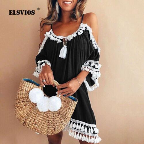 ELSVIOS Off Shoulder Three Quarter Sleeve Women Dress Summer Tassel Geometric Print Mini Dresses Strapless Cocktail Party Dress