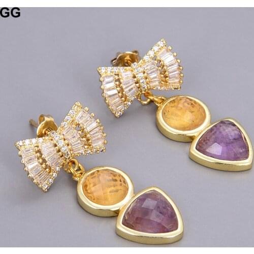 GuaiGuai Jewelry Natural Purple Amethysts Yellow Citrines Topaz Crystal Gold Color Plated Stud Earrings For Women