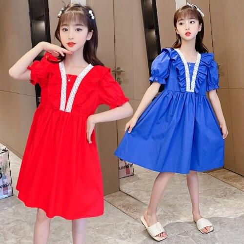Teen Girls Cotton Casual Dress Summer 2021 New Kids Korean Style Ruffles Loose Cute Solid Color Princess Elegant Clothing 4-14Y
