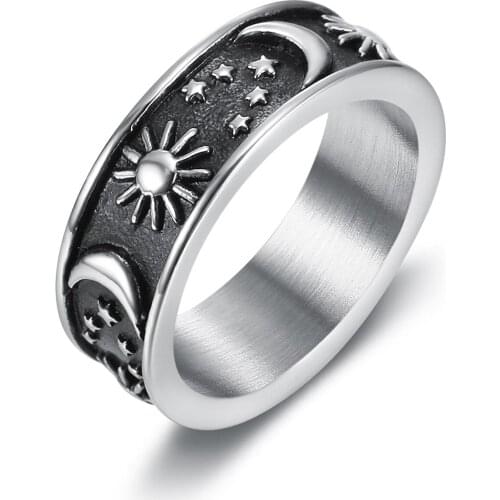 Megin D Romantic the Sun Moon and Stars Stainless Steel Rings for Men Women Couple Family Friend Fashion Design Gift Jewelry