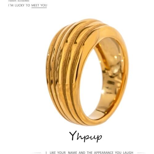 Yhpup Chic Metal Round Stainless Steel Ring for Women Gold Color Metal Texture New Design Ring Jewelry Christmas Party Gift 2021