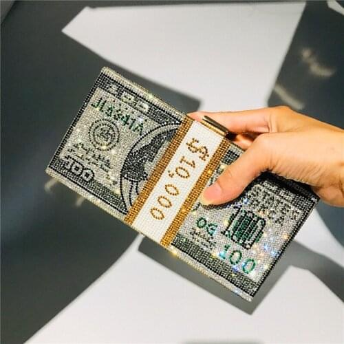 Money Clutch Rhinestone Purse 10000 Dollars Stack Of Cash Evening Handbags Shoulder Wedding Dinner Bag 7 Color