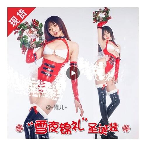 Anime Bikini Suit Christmas Gift New Year Cosplay Costume Red Patent Leather Sexy Hollow Out Big Bowknot Daily Snow Coat Sets