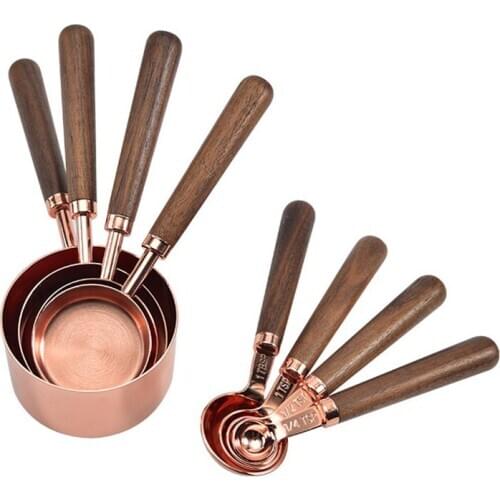 4 Pieces / Set Rose Gold Measuring Cup Spoon With Scale With Thickened Wooden Handle Stainless Steel Copper Plated Baking Tool