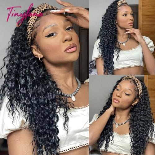 TINY LANA Long Black Deep Water Wave Curly Headband Wigs for Black Women Brazilian Synthetic Wigs with Headband Heat Resistant