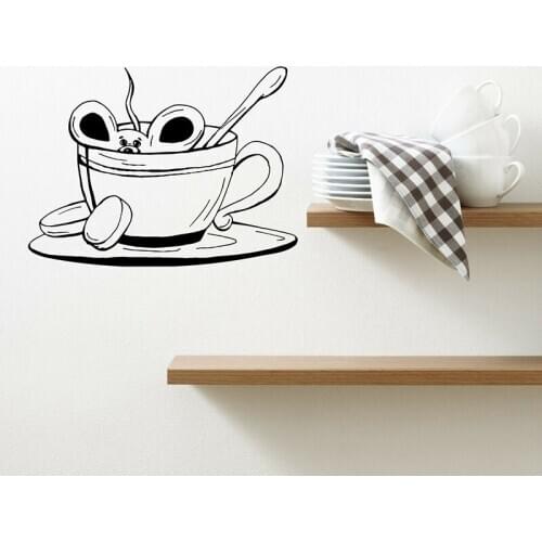 Cartoon Mouse Wall Decal Cup of Coffee Tea Cafe Kitchen Restaurant Dessert Shop Interior Decor Vinyl Window Stickers Art E735