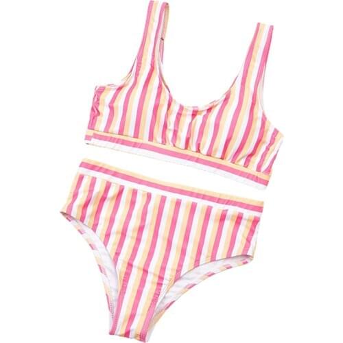 Swimming Suit Women Sexy 2-piece Striped Tops+High Waist Bottoms Set Stylish Bathing Suit Ladies Bikinis Sets Biquini
