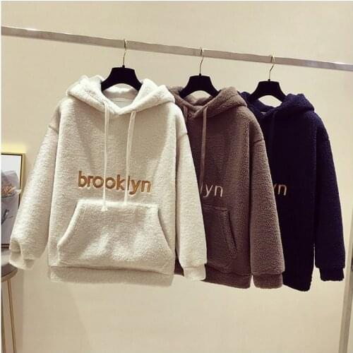 Plus velvet autumn winter Lamb wool hooded women sweatshit female tide Korean style style jacket wild loose hoodies thick top