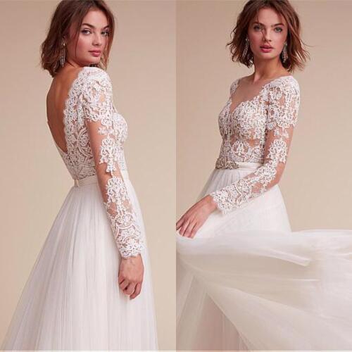 Amazing Tulle Satin Bateau Neckline See-through A-Line Wedding Dresses Lace Appliques Long Sleeve Bridal Dress vestido de noiva