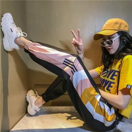 Casual Patchwork Pencil Pants High Waist Buckle Belt Trousers Women Orange Zipper Pocket Sweatpants and Joggers Fitness