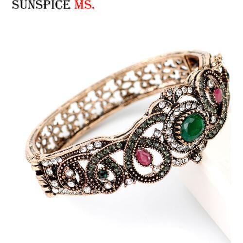 Sunspicems Retro Vintage Turkish Crystal Cuff Bracelet Antique Gold Color Ethnic Wedding Bangle Jewelry Gift