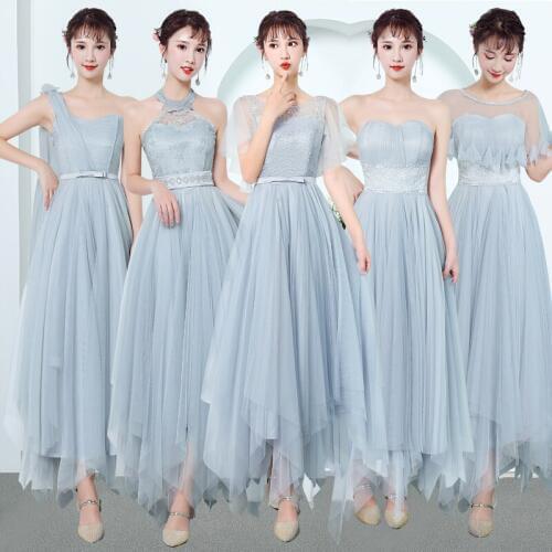 In Stock Sweet Memory Women Gray Halter Bridesmaid Dresses Graduation Gown Tulle Long Prom Robes Lady Vestidos
