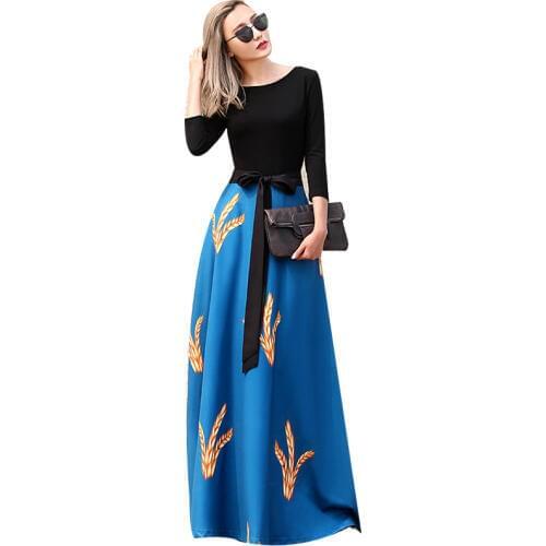 High Quality 2017 New Designer Female Patchwork Blue Black Slim Print Maxi Dress Women Floor Length Vintage Dress Vestidos