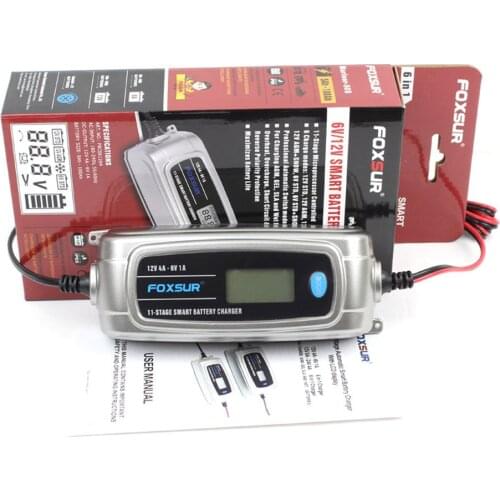 FOXSUR 12V 4A 6V 1A, 11-stage Smart Battery Charger, 6V 12V EFB GEL AGM WET Car Battery Charger With LCD Display