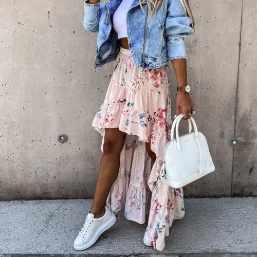 Summer High Waist Irregular Skirts Floral Print Women Elastic Waist Ruffles A-Line Long Skirt 2021 New Casual Boho Beach Faldas