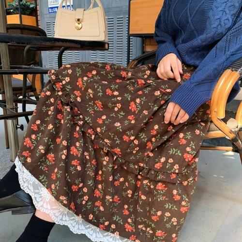 Thick Corduroy Floral Long Lace Stitch Female Korean Style Vintage High-Waisted WomenS Skirts Clothes Lady Trendy 2020 D0614