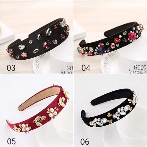 Q Girls Accessories Rhinestone Retro National Style Velvet Fashion Hair Accessories European Style Wide Hair Hoop 12CM