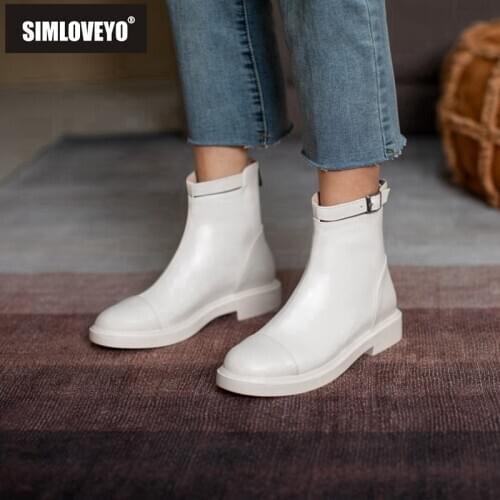 SIMLOVEYO Ladies Ankle Boots New 2021 Round Toe 3.5cm Square Heels Flat Chelsea Soft Zip Buckle Big Size 43 Autumn Winter B2172