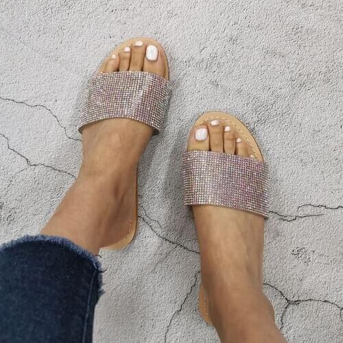 New Summer Fashion Outdoor Flat Womens Slippers Sexy Wild Comfortable Roman Rhinestone Plus Size Open Toe Female Beach Slipper