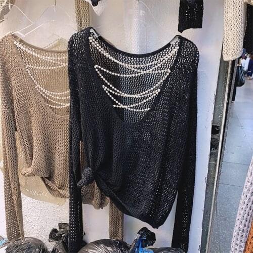 Hollow Out White Sweaters Women Autumn Winter 2020 O-neck Long Sleeve Knitted Jumpers Casual Ladies Pullovers Black Thin Sweater