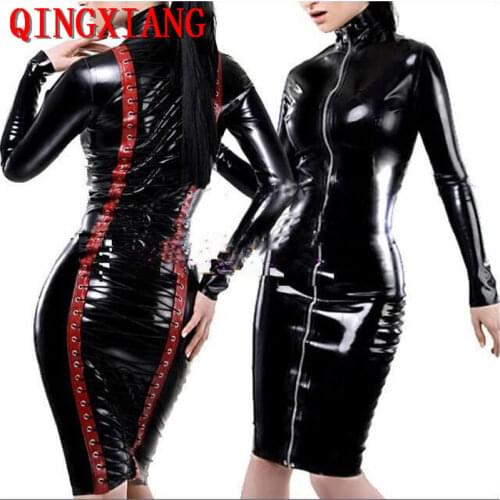 LK21 2018 Faux Leather Night Club High Neck Front Zipper Back Lace Up Lady Sexy Dress Outfit PVC Sheath Short Erotic Dress Women