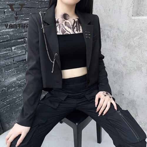 Women Coat European and American Fashion Punk Style Open Navel Pin Short Suit Coat in Dark Chain Suit Girls