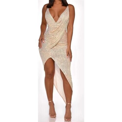 V-neck strap shoulder dress Sequined Club Party Dress Camisole Women Sashes Backless Dresses Sleeveless Sexy Irregular Vestidos