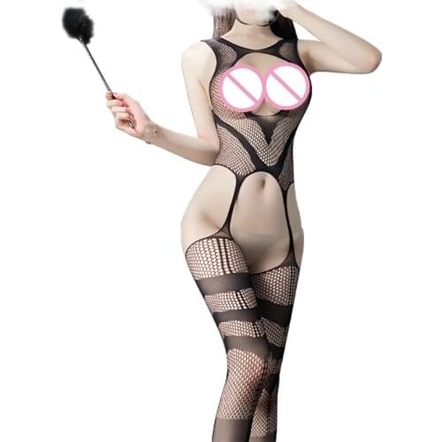 Women Sexy Hollow Open Chest Bodystockings Fishnet Bodysuit Suspender Lingerie