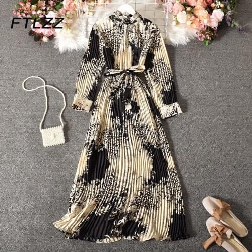 New Women Vintage Pleated Dress Spring Auutmn Long Sleeve Leopard Print Midi Dresses Woman with Belt Bandage Robe Vestidos