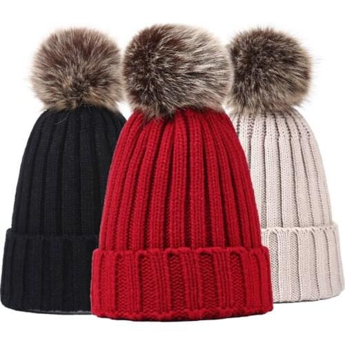 Winter NEW Women Pom Pom Beanies Warm Knitted Bobble Girl Fur Pompom Hats Real Raccoon Fur Pompon Casual Hat Cap