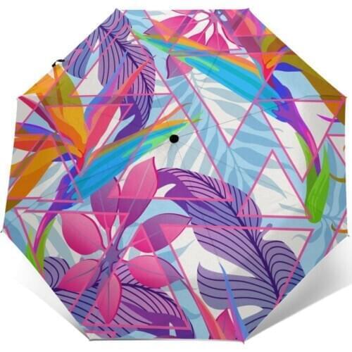 Wind Resistant Fully-Automatic Umbrella Summer Floral Tropical Palm Leaves Colorful Rain 3 Folding Parasol Travel Car Umbrella