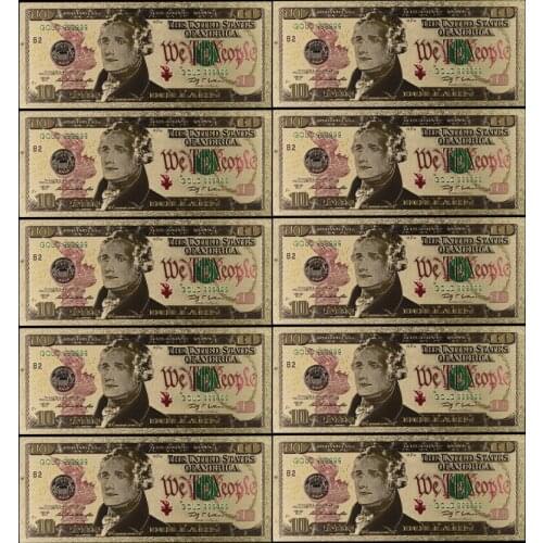 10pcs USA 10 Dollar Gold Banknote Currency Bill Paper Money Coin Medal 24k United States OF America
