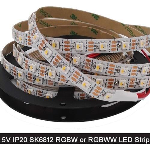DC5V 5M 5050SMD 60LED/M SK6812 IC 4 Color in 1 Chip RGBW or RGBWW Individually Addressable LED Pixel Strip IP20/IP67 Waterproof