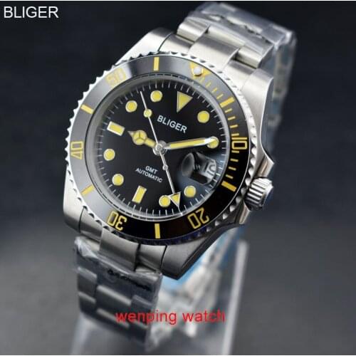 BLIGER 40mm yellow GMT black Sterile dial With yellow beads black Ceramic Bezel automatic Date men watch Green luminous E2427