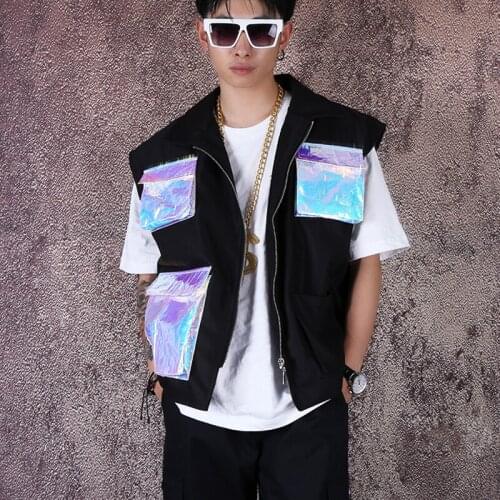 Jazz Dance Costumes Three-Dimensional Pocket Casual Vest Men Clothing Adults Nightclub Stage Wear Male Clothes XS2166
