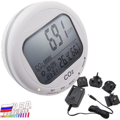 Portable Digital 3-in1 Round Desktop Indoor Air Quality Temperature Humidity RH Carbon Dioxide CO2 Monitor Meter Clock 0~2000ppm