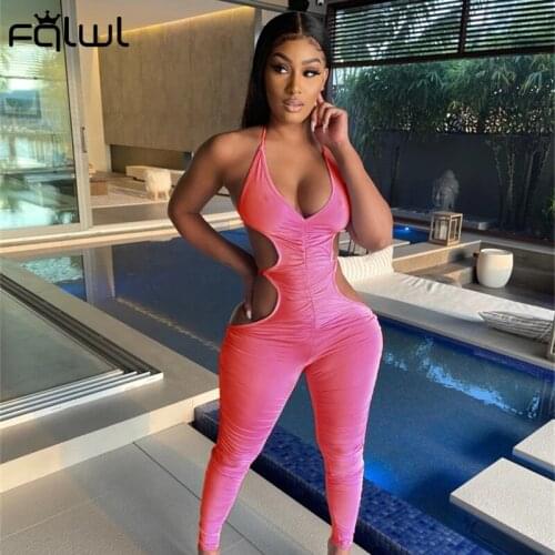 FQLWL Summer Streetwear Bodycon Halter Jumpsuit Women Backless Sleeveless Jumpsuits Female Black Ruched Cami Strap Outfits Women