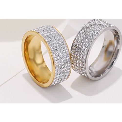 8mm Womens Full Rhinestone Shiny Wide Rings Stainless Steel Gold Silver Color for Men Hiphop Fashion Jewelry for Party WC029