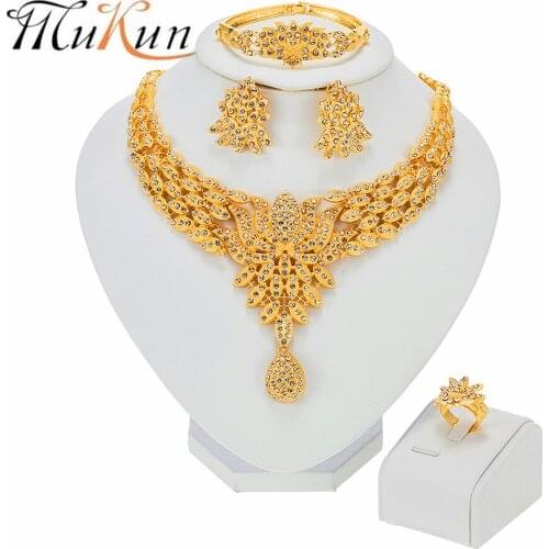 Dubai 24K Gold Color Jewelry Sets For Women Luxury Necklace Earrings Bracelet Ring India African Wedding Gifts Ethiopia Set